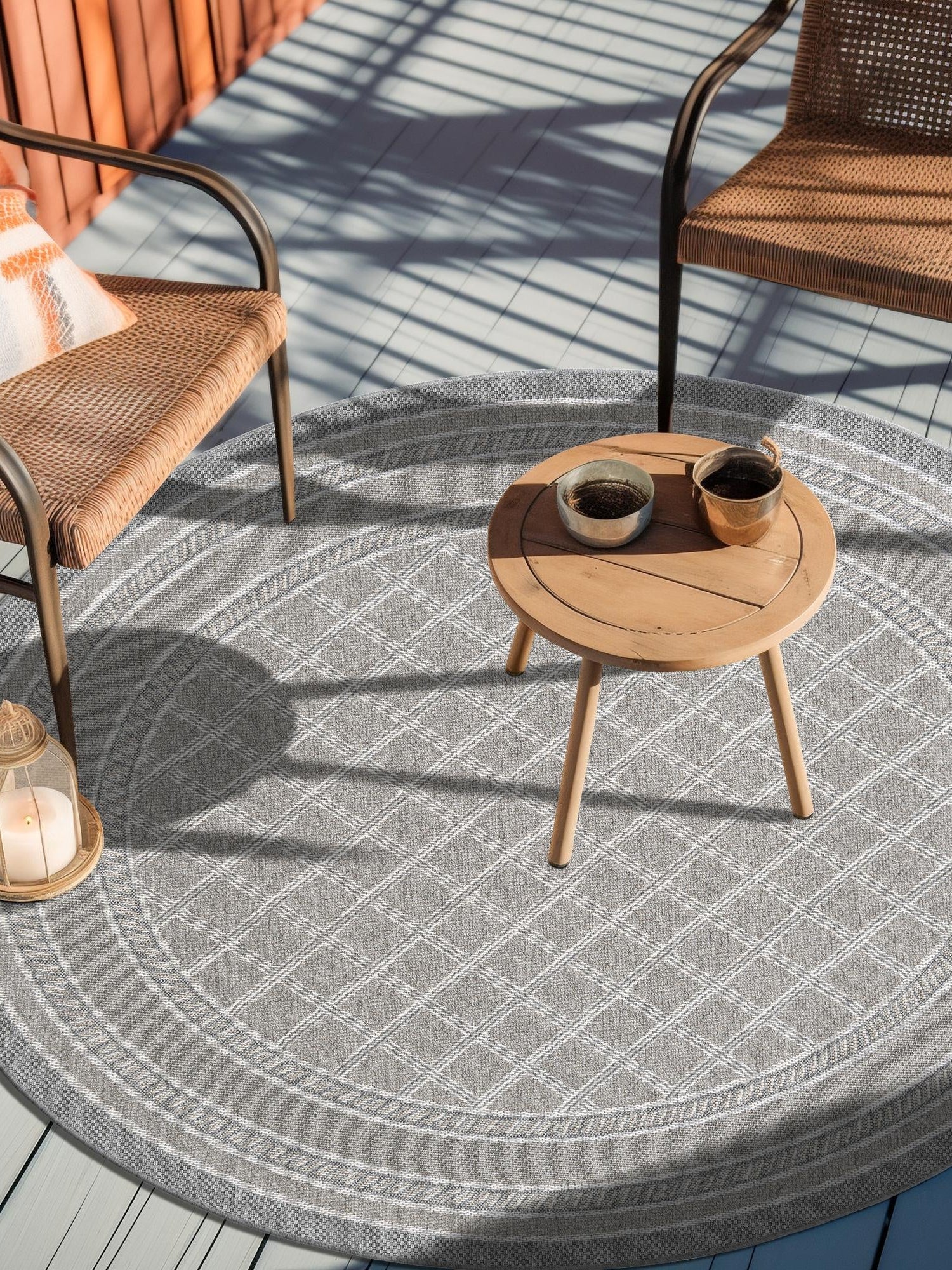 Gray 10' x 10' Outdoor Trellis Round Area Rug Weather Resistant for Patio, Deck, Terrace, Balcony, Porch Geometric Design Water Safe Outside Carpet for Sale at Rug Engine