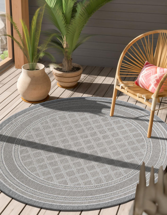 Gray 10' x 10' Outdoor Trellis Round Area Rug Weather Resistant for Patio, Deck, Terrace, Balcony, Porch Geometric Design Water Safe Outside Carpet for Sale at Rug Engine