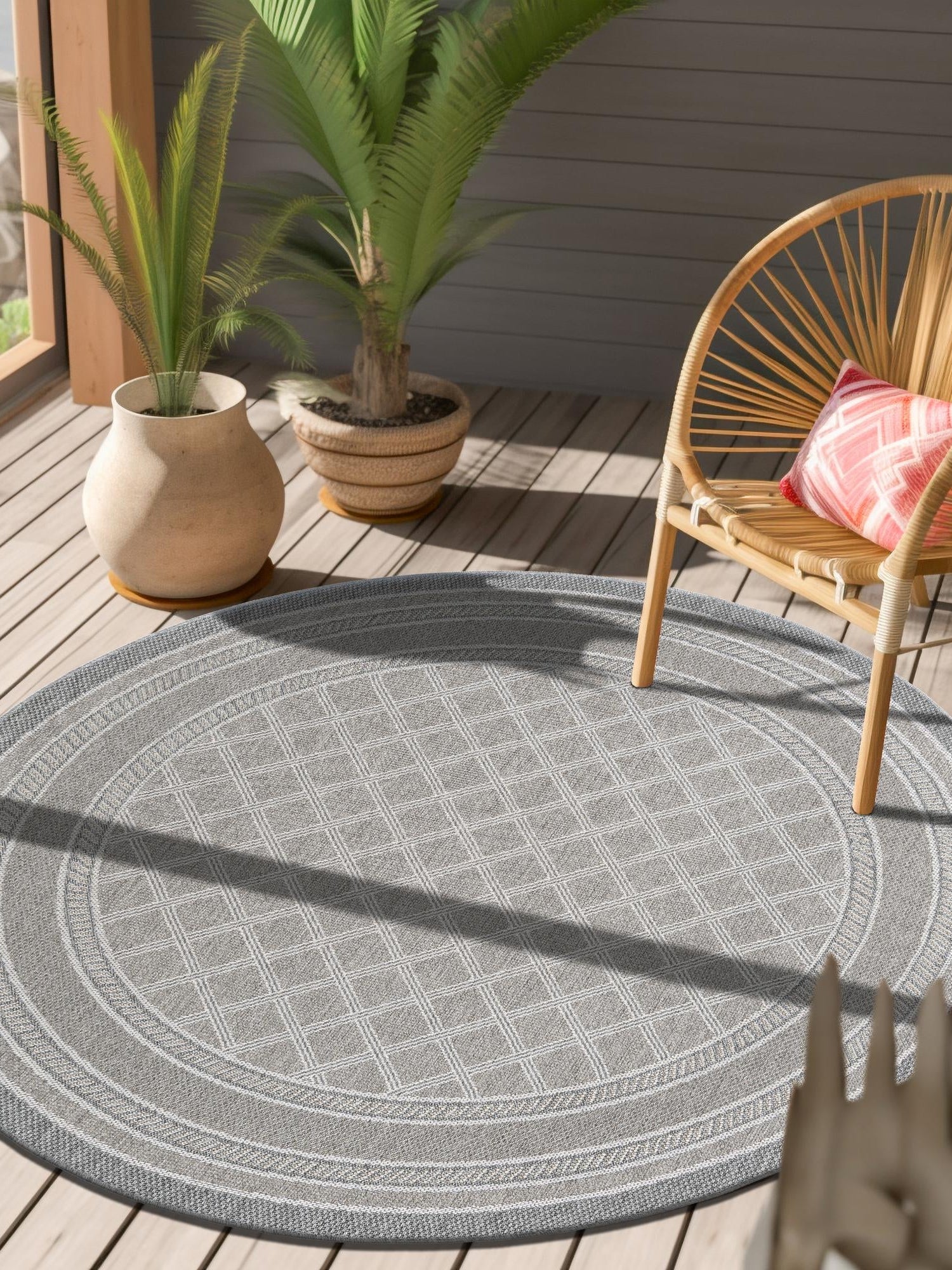 Gray 3' 3 x 3' 3 Outdoor Trellis Round Area Rug Weather Resistant for Patio, Deck, Terrace, Balcony, Porch Geometric Design Water Safe Outside Carpet for Sale at Rug Engine