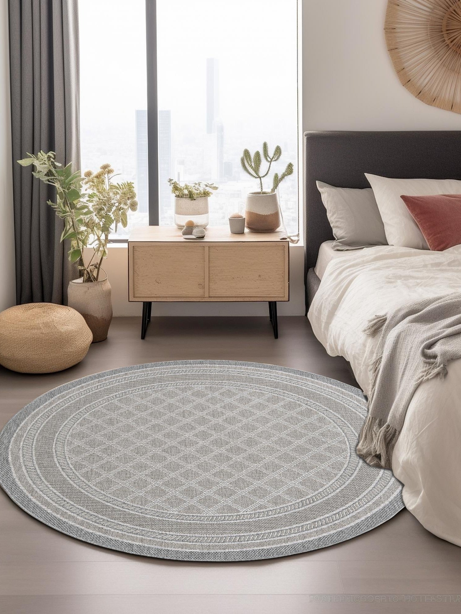 Gray 10' x 10' Outdoor Trellis Round Area Rug Weather Resistant for Patio, Deck, Terrace, Balcony, Porch Geometric Design Water Safe Outside Carpet for Sale at Rug Engine