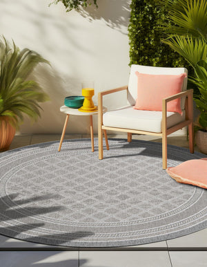 Gray 3' 3 x 3' 3 Outdoor Trellis Round Area Rug Weather Resistant for Patio, Deck, Terrace, Balcony, Porch Geometric Design Water Safe Outside Carpet for Sale at Rug Engine