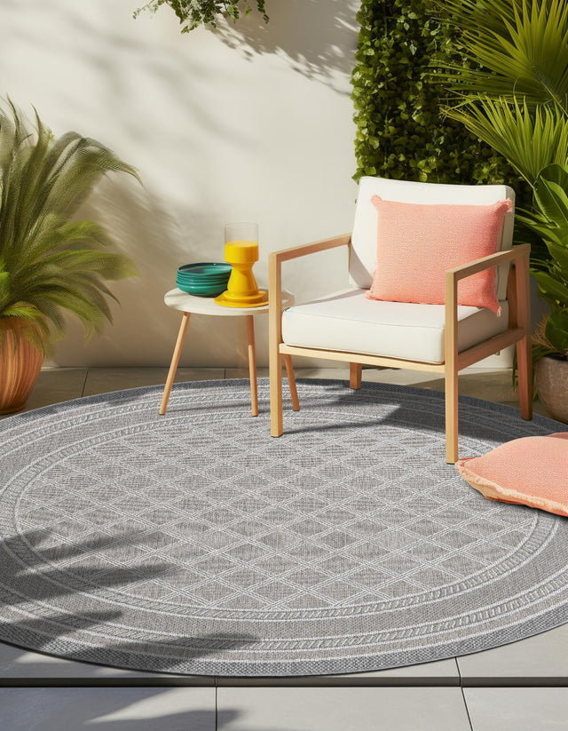 Gray 3' 3 x 3' 3 Outdoor Trellis Round Area Rug Weather Resistant for Patio, Deck, Terrace, Balcony, Porch Geometric Design Water Safe Outside Carpet for Sale at Rug Engine