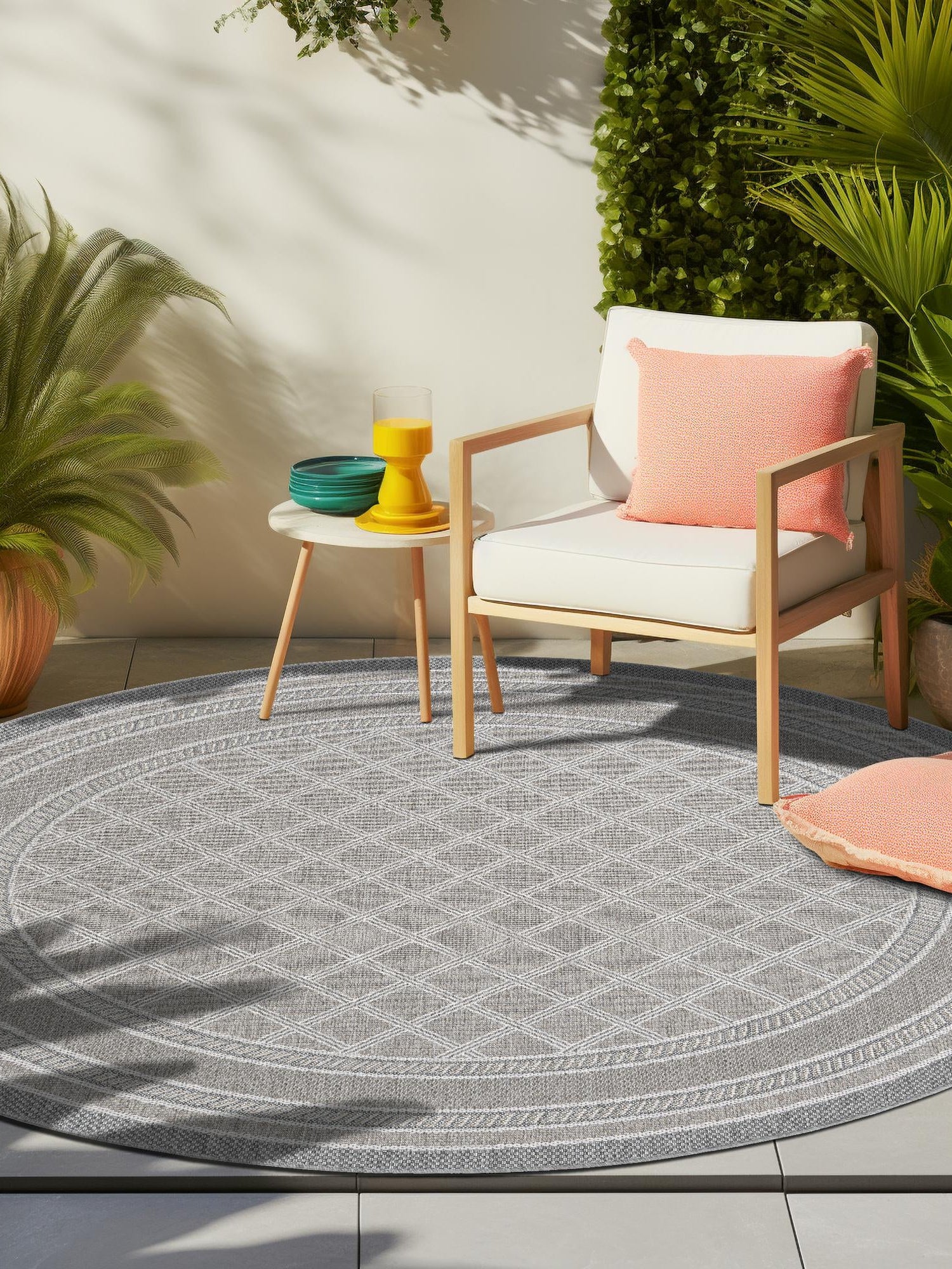 Gray 10' x 10' Outdoor Trellis Round Area Rug Weather Resistant for Patio, Deck, Terrace, Balcony, Porch Geometric Design Water Safe Outside Carpet for Sale at Rug Engine