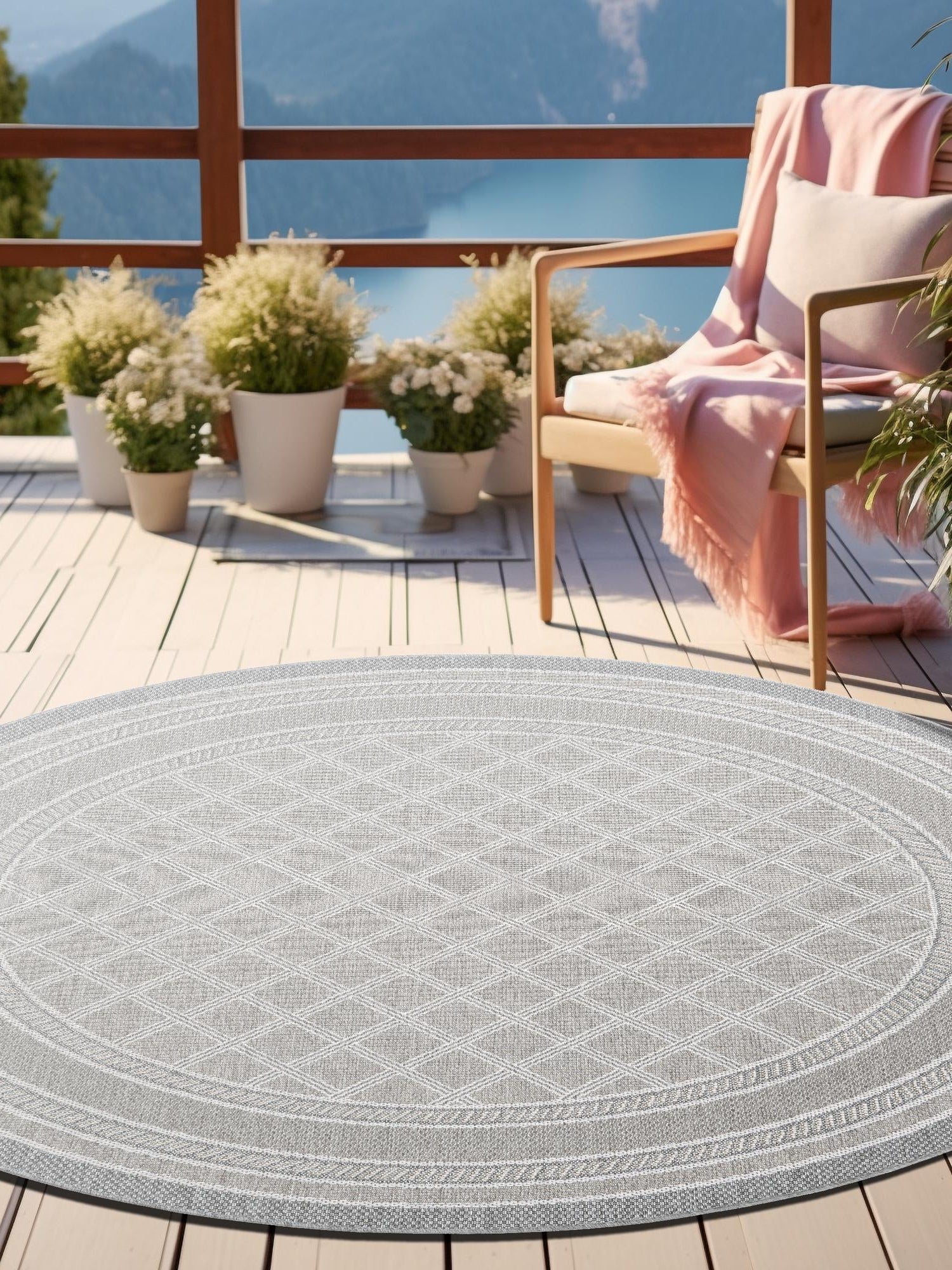 Gray 10' x 10' Outdoor Trellis Round Area Rug Weather Resistant for Patio, Deck, Terrace, Balcony, Porch Geometric Design Water Safe Outside Carpet for Sale at Rug Engine