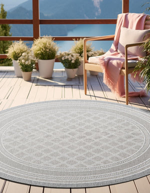 Gray 10' x 10' Outdoor Trellis Round Area Rug Weather Resistant for Patio, Deck, Terrace, Balcony, Porch Geometric Design Water Safe Outside Carpet for Sale at Rug Engine