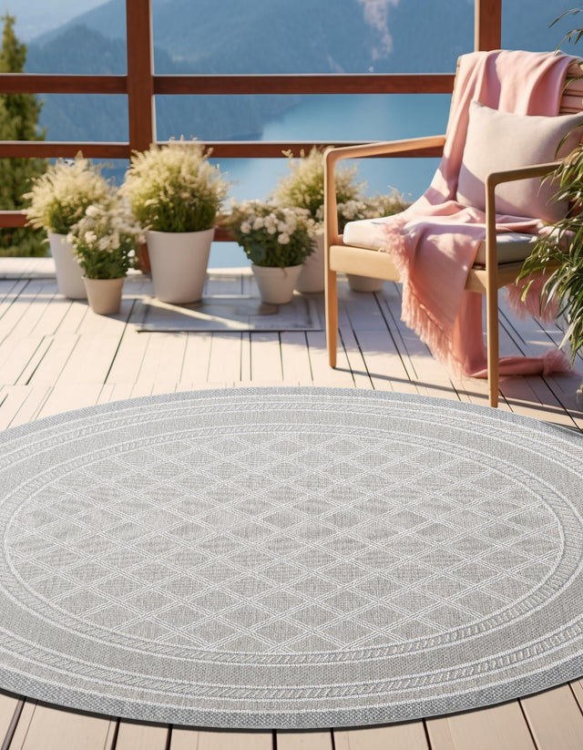 Gray 10' x 10' Outdoor Trellis Round Area Rug Weather Resistant for Patio, Deck, Terrace, Balcony, Porch Geometric Design Water Safe Outside Carpet for Sale at Rug Engine