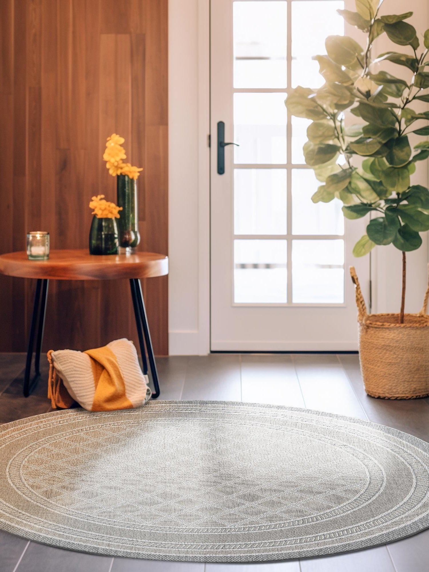 Gray 10' x 10' Outdoor Trellis Round Area Rug Weather Resistant for Patio, Deck, Terrace, Balcony, Porch Geometric Design Water Safe Outside Carpet for Sale at Rug Engine