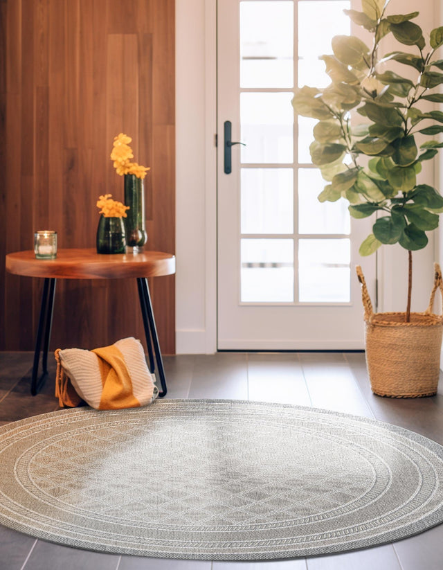 Gray 10' x 10' Outdoor Trellis Round Area Rug Weather Resistant for Patio, Deck, Terrace, Balcony, Porch Geometric Design Water Safe Outside Carpet for Sale at Rug Engine