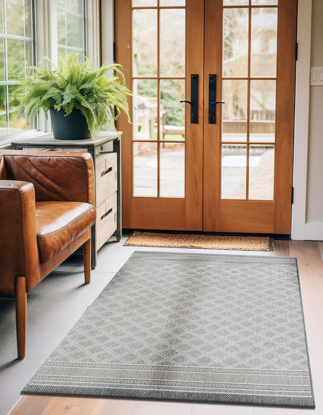 Gray 6' 1 x 9' Outdoor Trellis Rectangle Area Rug Weather Resistant for Patio, Deck, Terrace, Balcony, Porch Geometric Design Water Safe Outside Carpet for Sale at Rug Engine