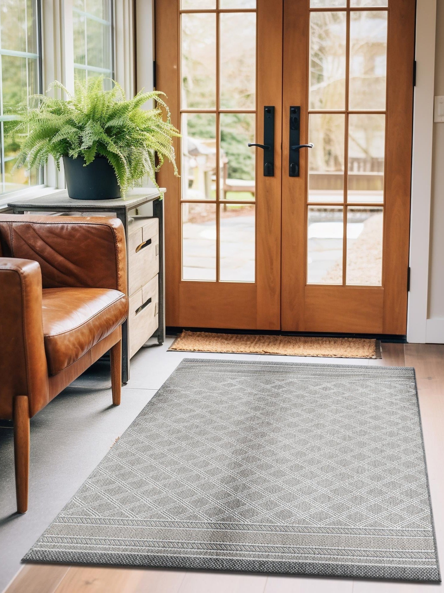 Gray 4' 1 x 6' 1 Outdoor Trellis Rectangle Area Rug Weather Resistant for Patio, Deck, Terrace, Balcony, Porch Geometric Design Water Safe Outside Carpet for Sale at Rug Engine