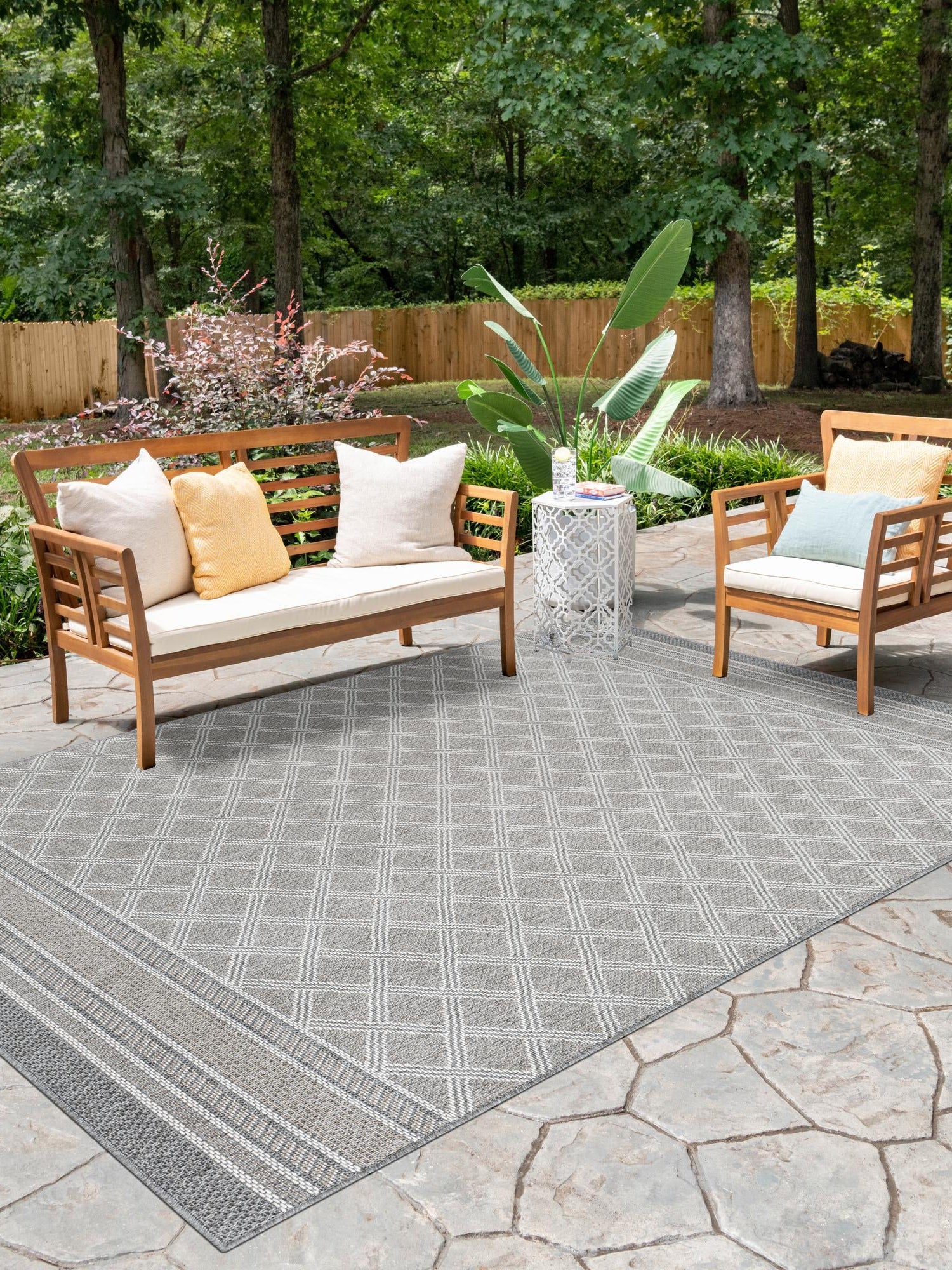 Gray 6' 1 x 9' Outdoor Trellis Rectangle Area Rug Weather Resistant for Patio, Deck, Terrace, Balcony, Porch Geometric Design Water Safe Outside Carpet for Sale at Rug Engine