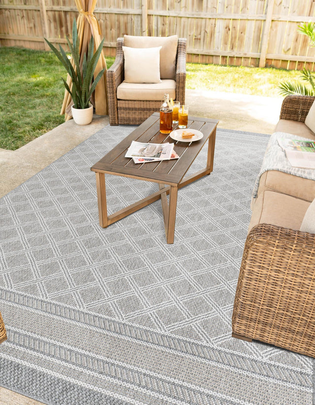 Gray 9' x 12' Outdoor Trellis Rectangle Area Rug Weather Resistant for Patio, Deck, Terrace, Balcony, Porch Geometric Design Water Safe Outside Carpet for Sale at Rug Engine