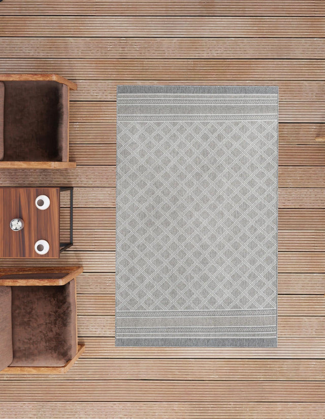 Gray 6' 1 x 9' Outdoor Trellis Rectangle Area Rug Weather Resistant for Patio, Deck, Terrace, Balcony, Porch Geometric Design Water Safe Outside Carpet for Sale at Rug Engine