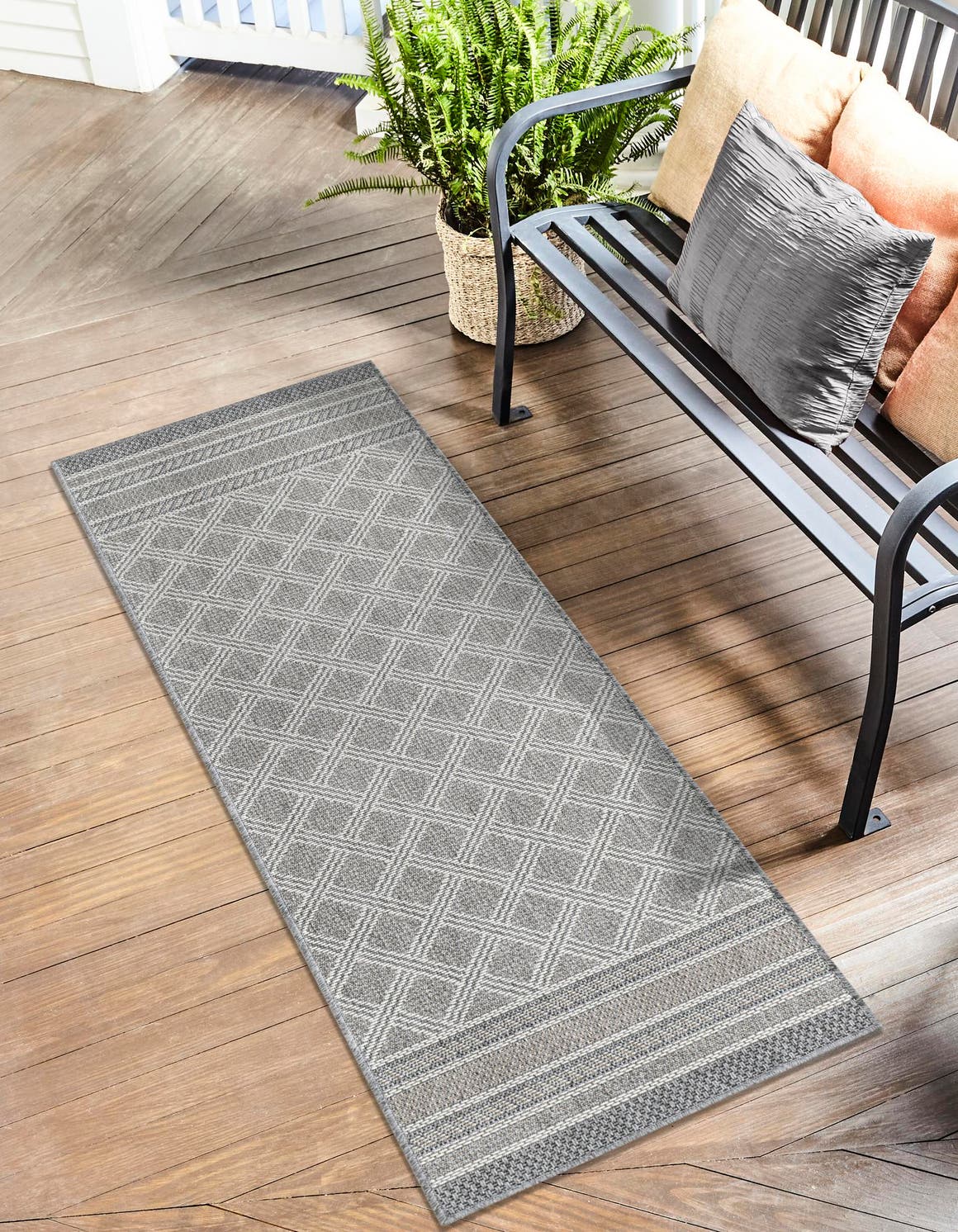 Gray 2' x 6' 1 Outdoor Trellis Runner Area Rug Weather Resistant for Patio, Deck, Terrace, Balcony, Porch Geometric Design Water Safe Outside Carpet for Sale at Rug Engine