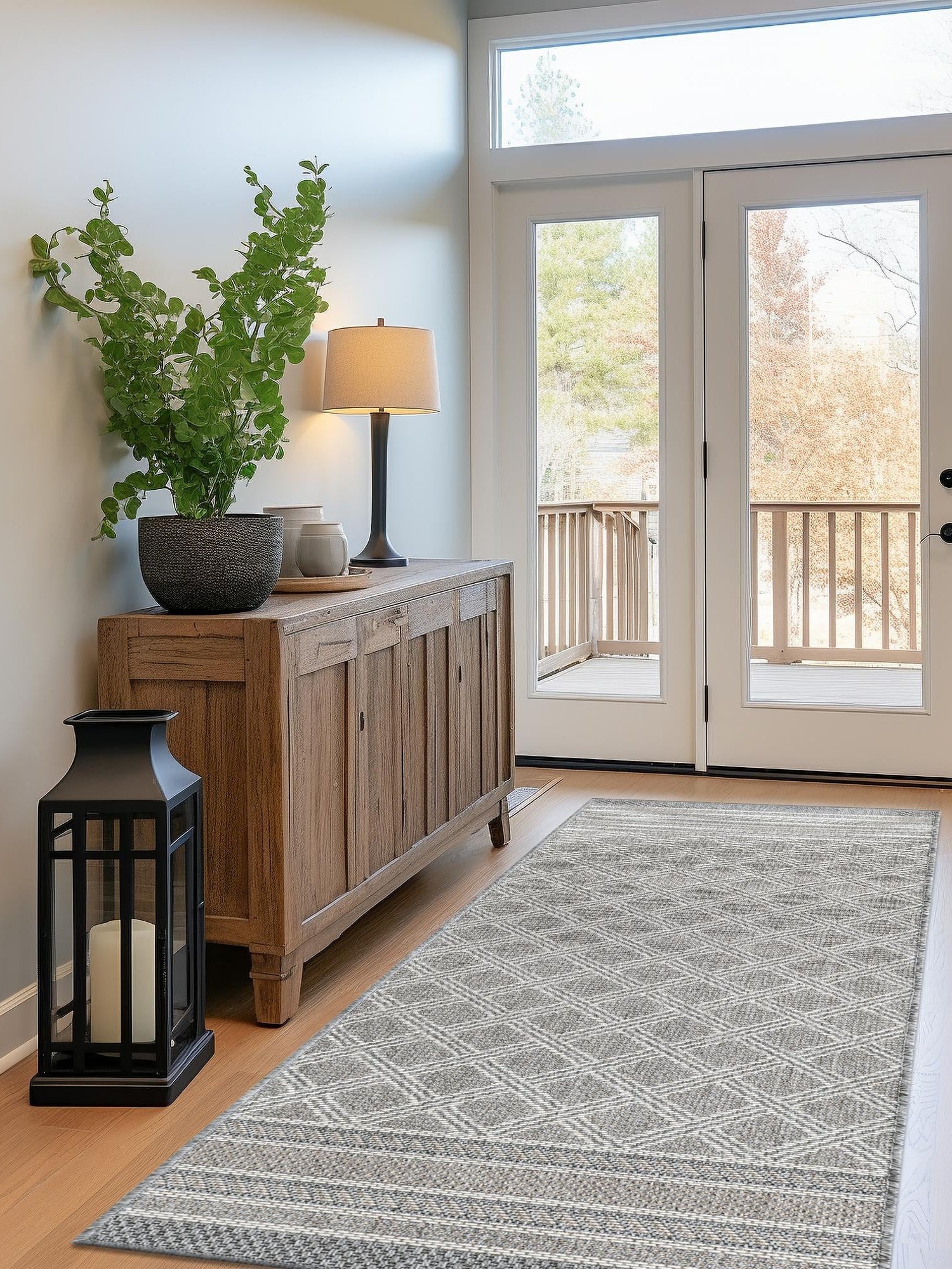 Gray 2' x 6' 1 Outdoor Trellis Runner Area Rug Weather Resistant for Patio, Deck, Terrace, Balcony, Porch Geometric Design Water Safe Outside Carpet for Sale at Rug Engine