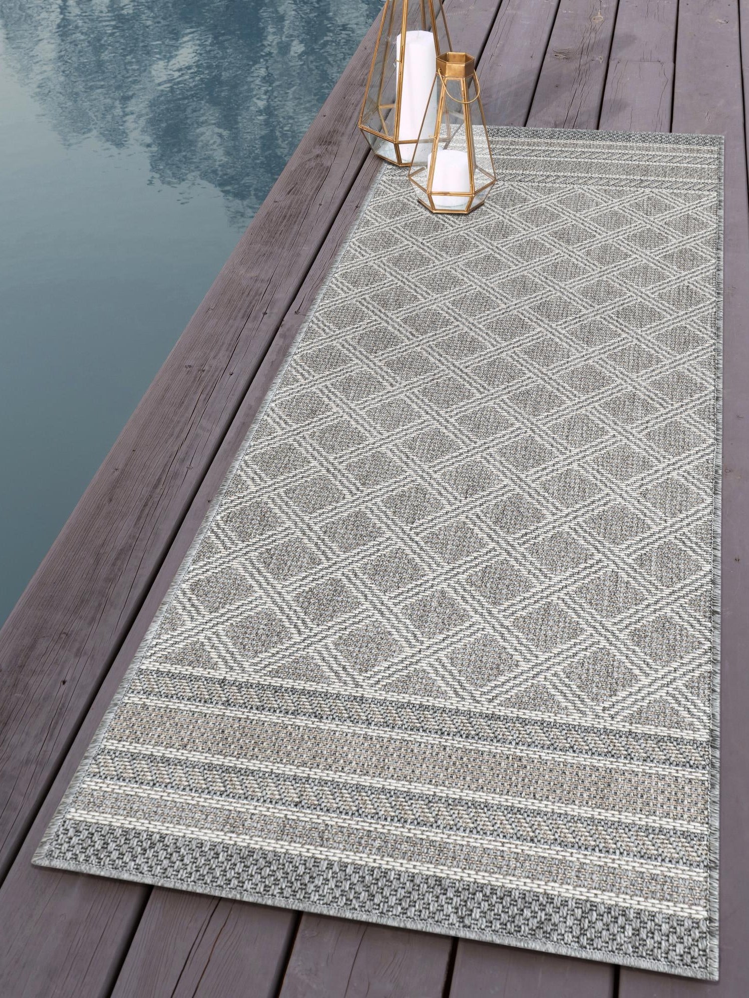 Gray 2' x 6' 1 Outdoor Trellis Runner Area Rug Weather Resistant for Patio, Deck, Terrace, Balcony, Porch Geometric Design Water Safe Outside Carpet for Sale at Rug Engine