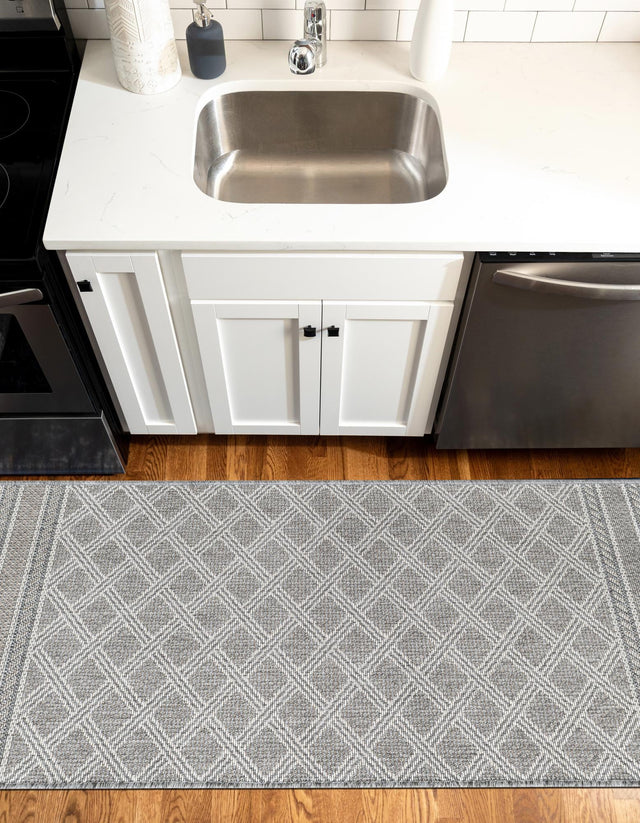 Gray 2' x 8' Outdoor Trellis Runner Area Rug Weather Resistant for Patio, Deck, Terrace, Balcony, Porch Geometric Design Water Safe Outside Carpet for Sale at Rug Engine