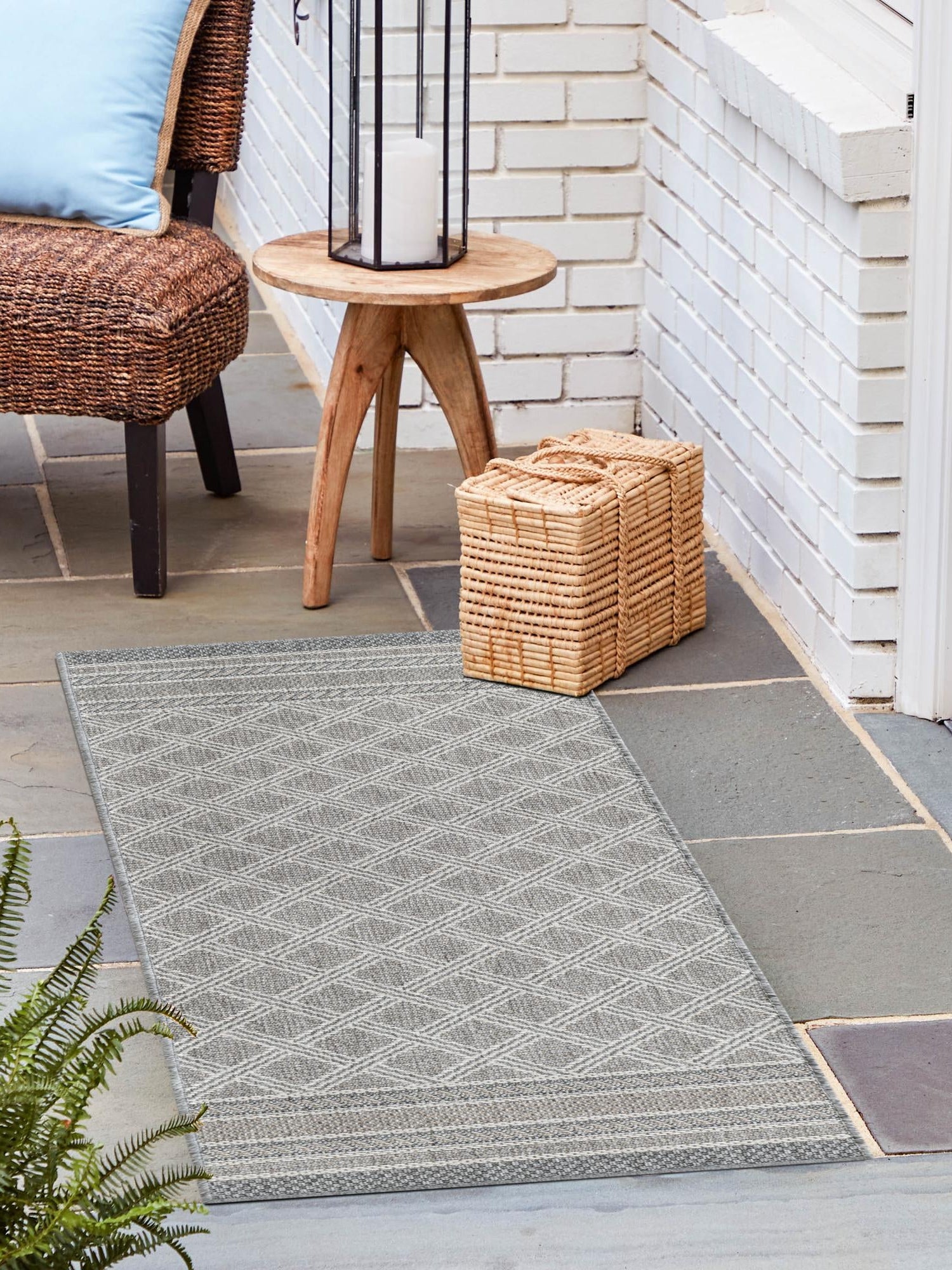 Gray 2' x 6' 1 Outdoor Trellis Runner Area Rug Weather Resistant for Patio, Deck, Terrace, Balcony, Porch Geometric Design Water Safe Outside Carpet for Sale at Rug Engine