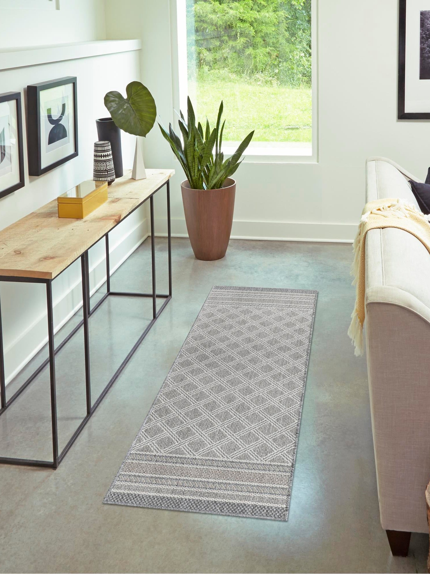 Gray 2' x 6' 1 Outdoor Trellis Runner Area Rug Weather Resistant for Patio, Deck, Terrace, Balcony, Porch Geometric Design Water Safe Outside Carpet for Sale at Rug Engine