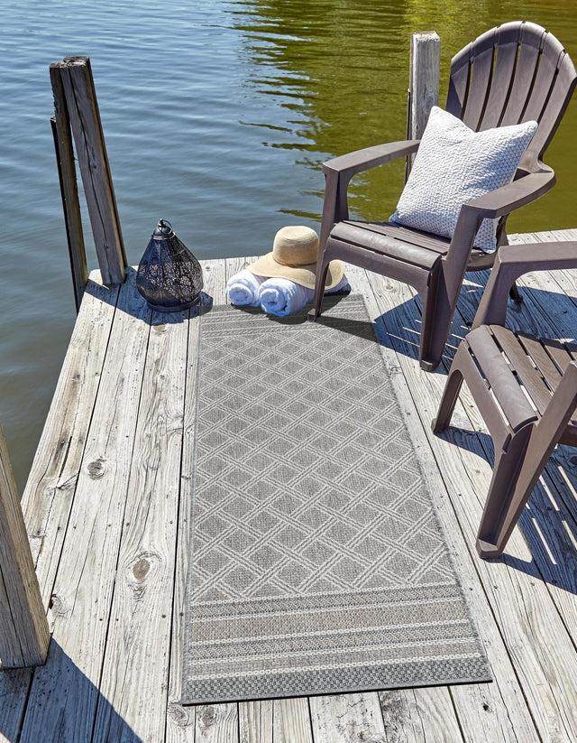 Gray 2' x 8' Outdoor Trellis Runner Area Rug Weather Resistant for Patio, Deck, Terrace, Balcony, Porch Geometric Design Water Safe Outside Carpet for Sale at Rug Engine