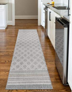 Gray 2' x 8' Outdoor Trellis Runner Area Rug Weather Resistant for Patio, Deck, Terrace, Balcony, Porch Geometric Design Water Safe Outside Carpet for Sale at Rug Engine