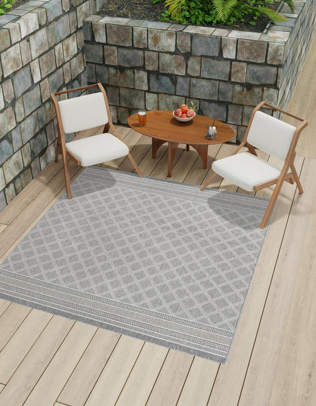 Gray 5' 1 x 5' 1 Outdoor Trellis Square Area Rug Weather Resistant for Patio, Deck, Terrace, Balcony, Porch Geometric Design Water Safe Outside Carpet for Sale at Rug Engine