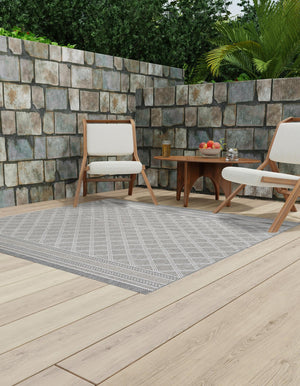 Gray 7' 10 x 7' 10 Outdoor Trellis Square Area Rug Weather Resistant for Patio, Deck, Terrace, Balcony, Porch Geometric Design Water Safe Outside Carpet for Sale at Rug Engine