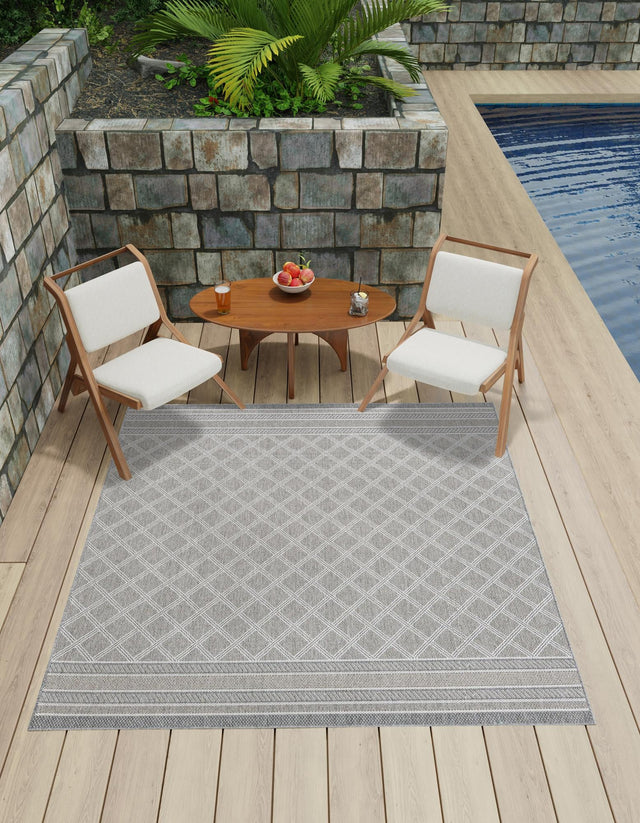 Gray 10' x 10' Outdoor Trellis Square Area Rug Weather Resistant for Patio, Deck, Terrace, Balcony, Porch Geometric Design Water Safe Outside Carpet for Sale at Rug Engine
