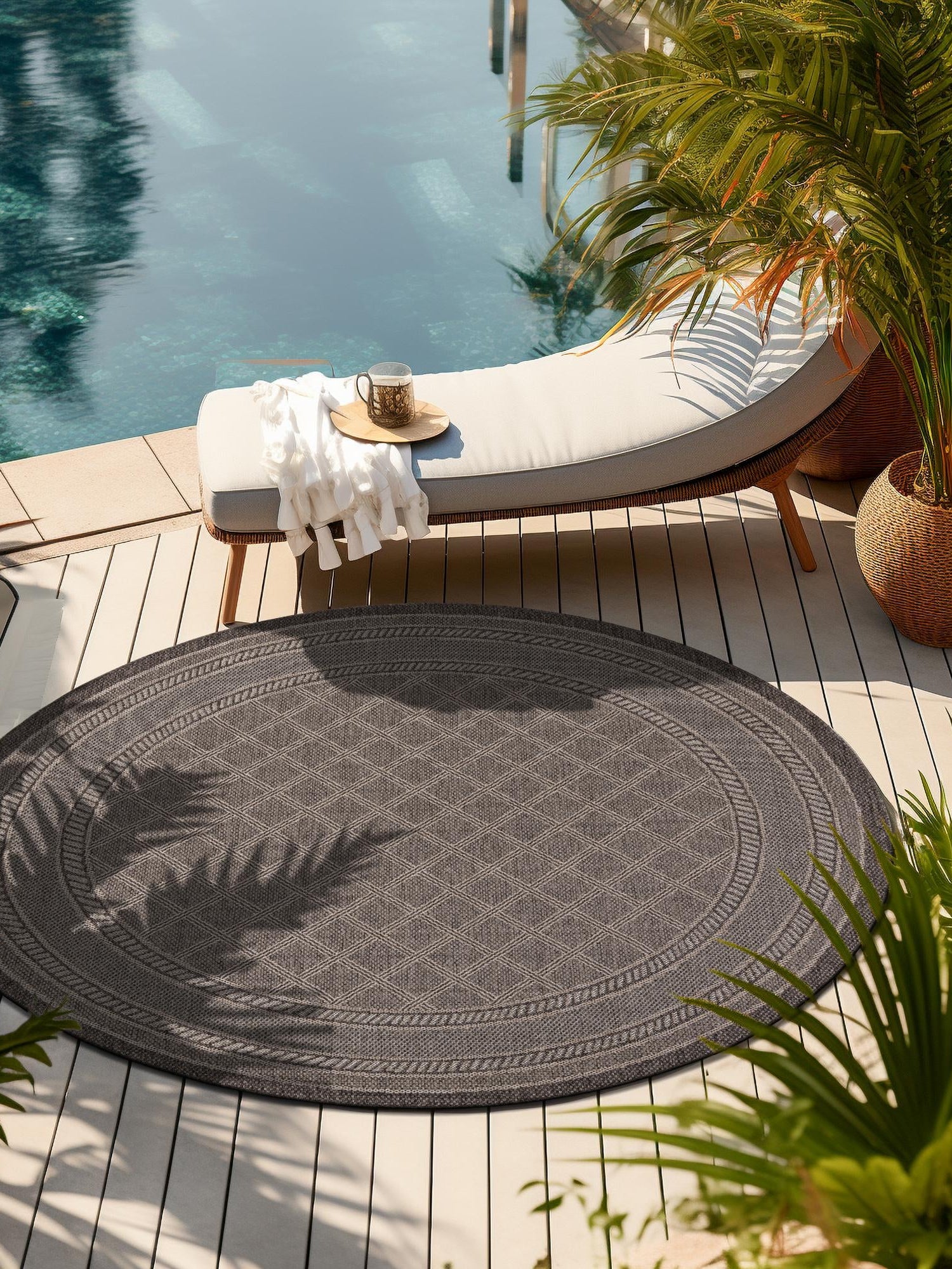Chocolate Brown 10' x 10' Outdoor Trellis Round Area Rug Weather Resistant for Patio, Deck, Terrace, Balcony, Porch Geometric Design Water Safe Outside Carpet for Sale at Rug Engine