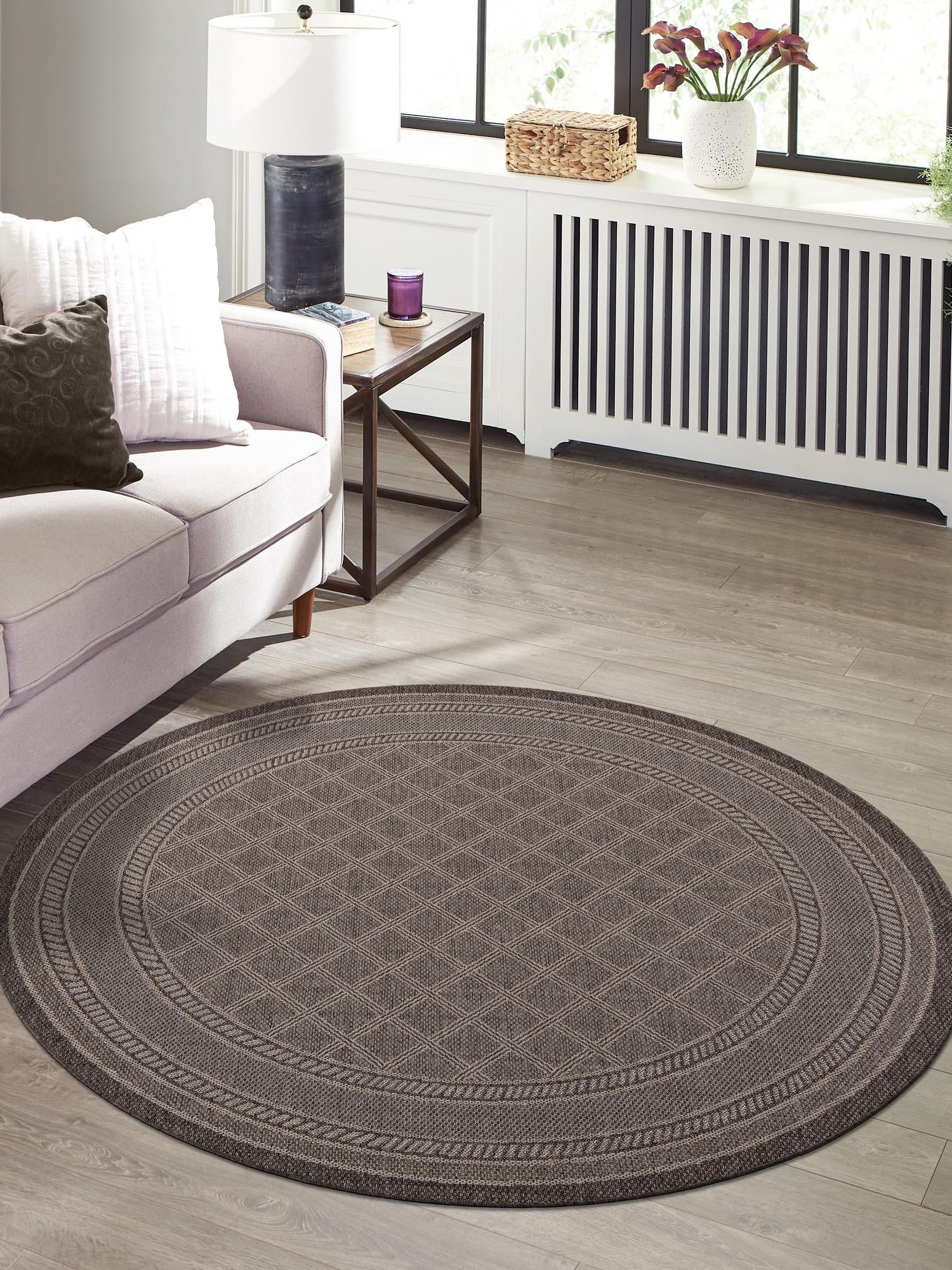 Chocolate Brown 5' 1 x 5' 1 Outdoor Trellis Round Area Rug Weather Resistant for Patio, Deck, Terrace, Balcony, Porch Geometric Design Water Safe Outside Carpet for Sale at Rug Engine