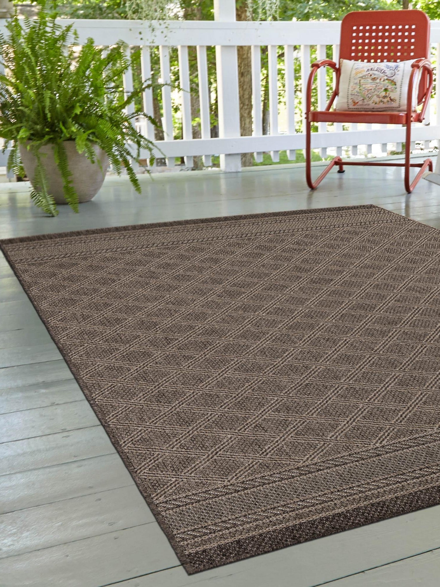 Chocolate Brown 2' x 3' 1 Outdoor Trellis Rectangle Area Rug Weather Resistant for Patio, Deck, Terrace, Balcony, Porch Geometric Design Water Safe Outside Carpet for Sale at Rug Engine