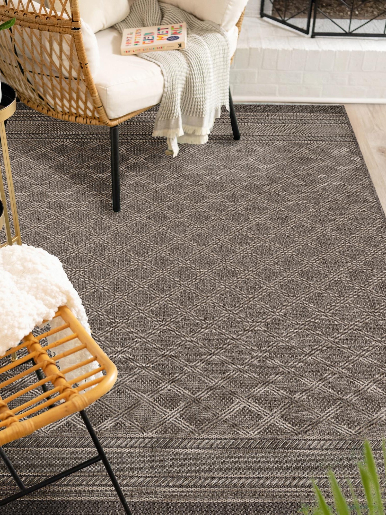 Chocolate Brown 5' 1 x 8' Outdoor Trellis Rectangle Area Rug Weather Resistant for Patio, Deck, Terrace, Balcony, Porch Geometric Design Water Safe Outside Carpet for Sale at Rug Engine