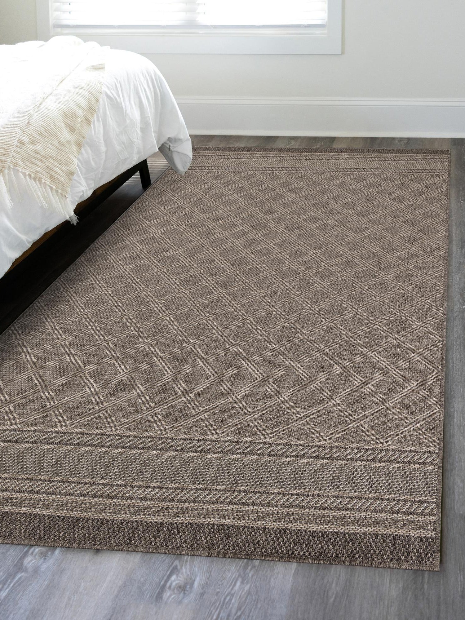 Chocolate Brown 5' 1 x 8' Outdoor Trellis Rectangle Area Rug Weather Resistant for Patio, Deck, Terrace, Balcony, Porch Geometric Design Water Safe Outside Carpet for Sale at Rug Engine