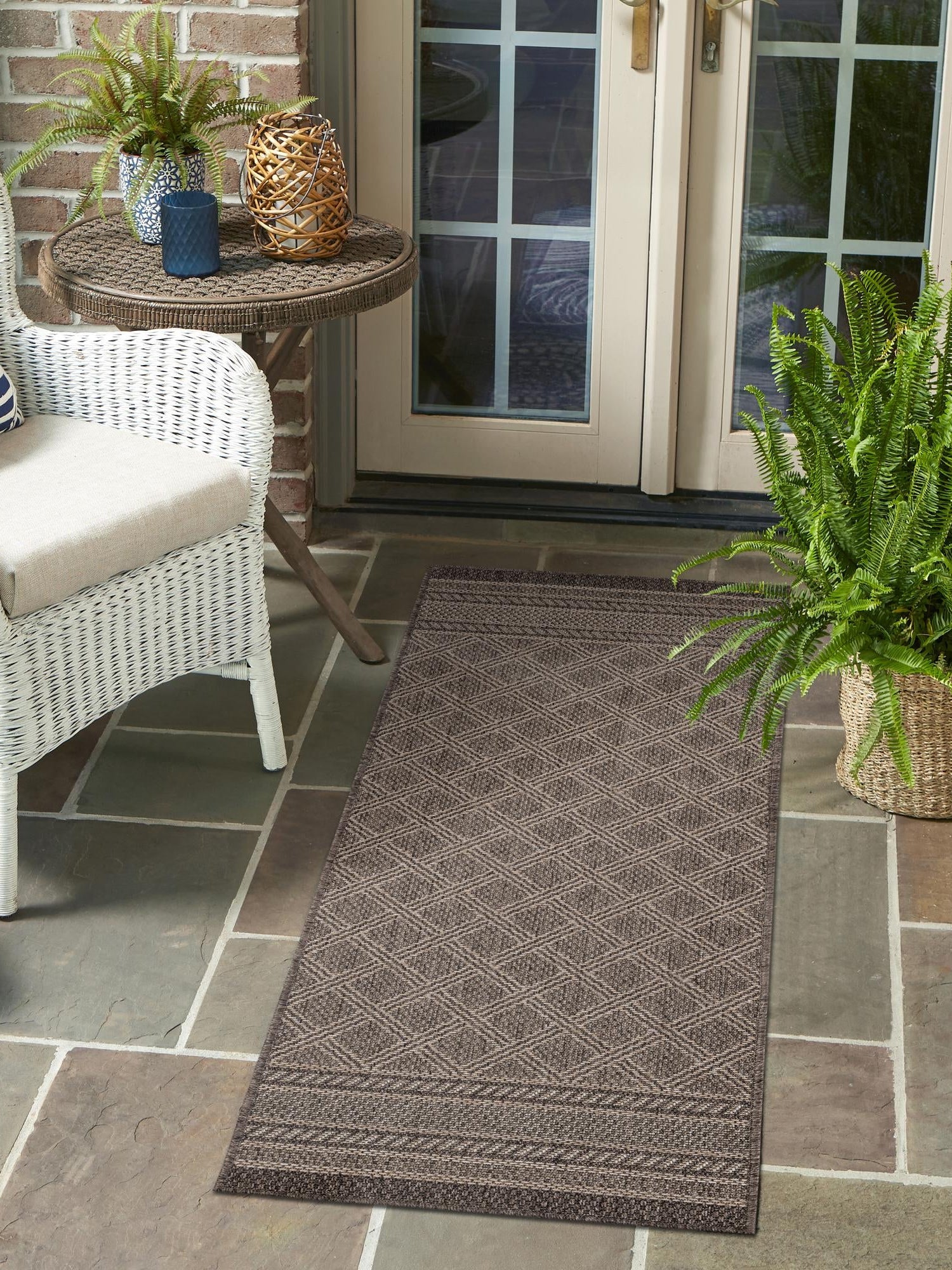 Chocolate Brown 2' x 8' Outdoor Trellis Runner Area Rug Weather Resistant for Patio, Deck, Terrace, Balcony, Porch Geometric Design Water Safe Outside Carpet for Sale at Rug Engine