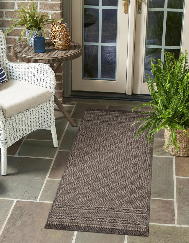 Chocolate Brown 2' x 8' Outdoor Trellis Runner Area Rug Weather Resistant for Patio, Deck, Terrace, Balcony, Porch Geometric Design Water Safe Outside Carpet for Sale at Rug Engine