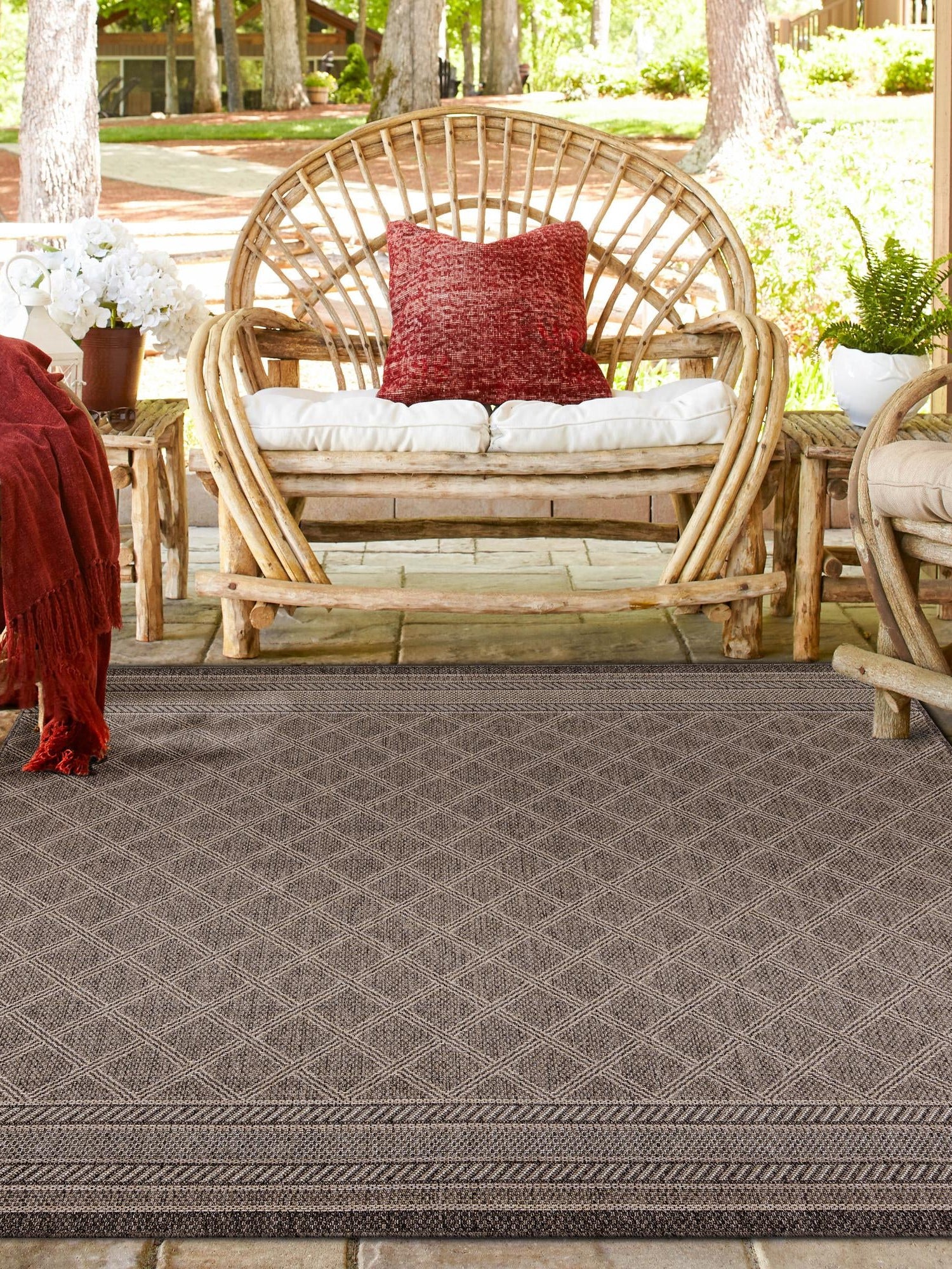Chocolate Brown 5' 1 x 5' 1 Outdoor Trellis Square Area Rug Weather Resistant for Patio, Deck, Terrace, Balcony, Porch Geometric Design Water Safe Outside Carpet for Sale at Rug Engine