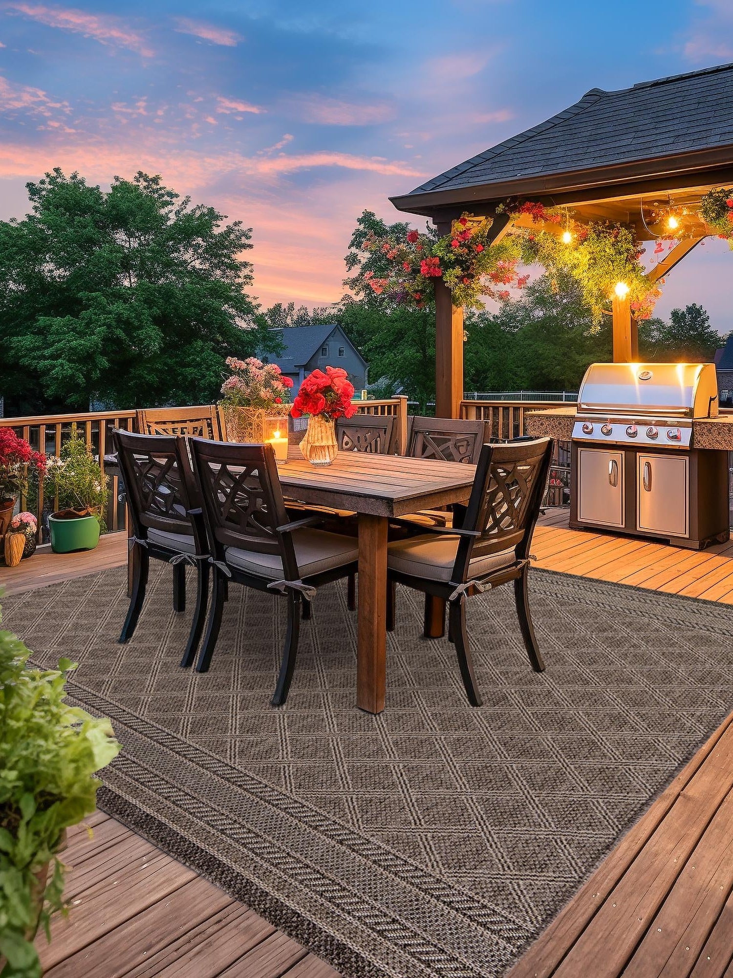 Chocolate Brown 7' 10 x 7' 10 Outdoor Trellis Square Area Rug Weather Resistant for Patio, Deck, Terrace, Balcony, Porch Geometric Design Water Safe Outside Carpet for Sale at Rug Engine