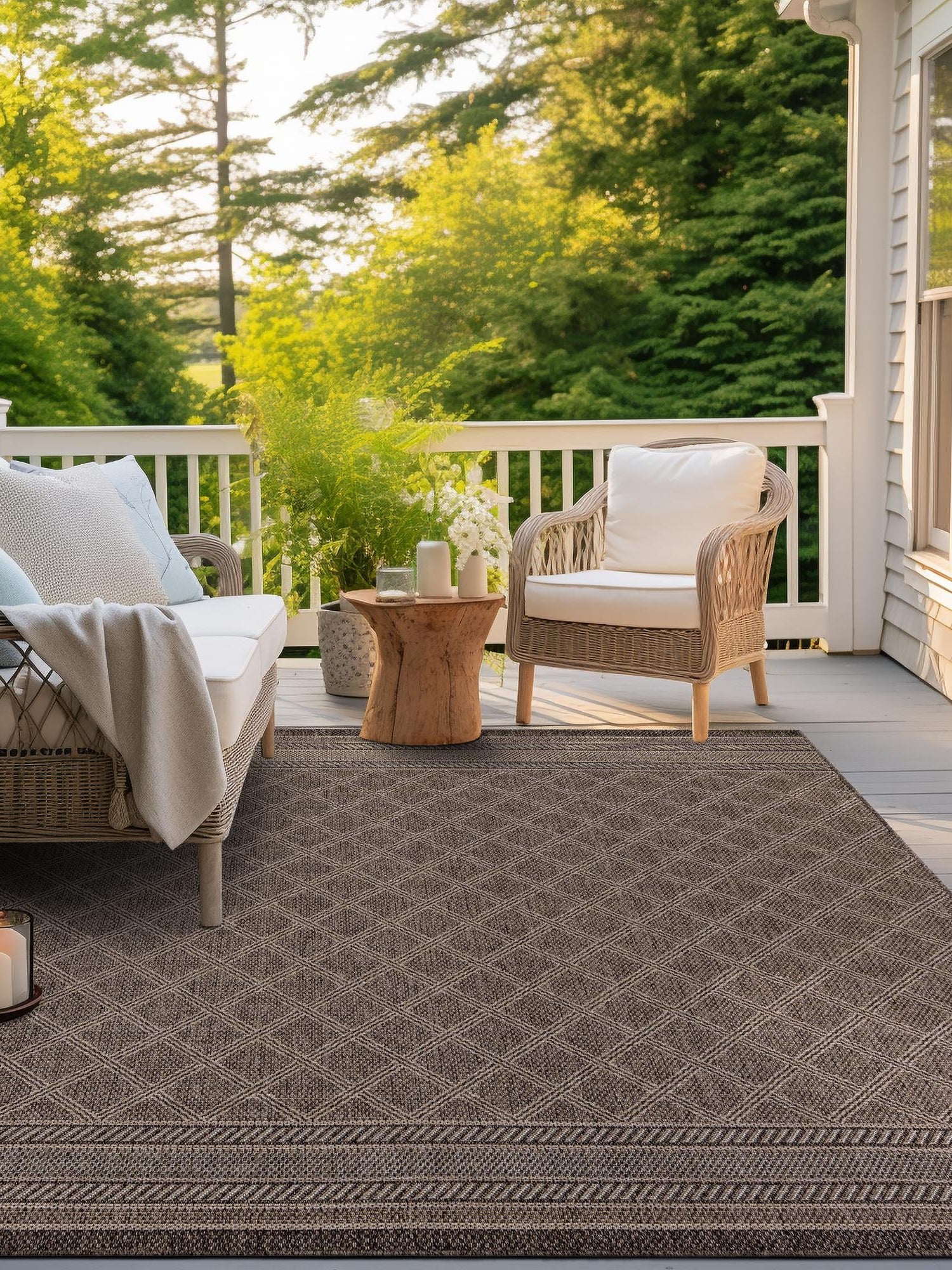 Chocolate Brown 7' 10 x 7' 10 Outdoor Trellis Square Area Rug Weather Resistant for Patio, Deck, Terrace, Balcony, Porch Geometric Design Water Safe Outside Carpet for Sale at Rug Engine