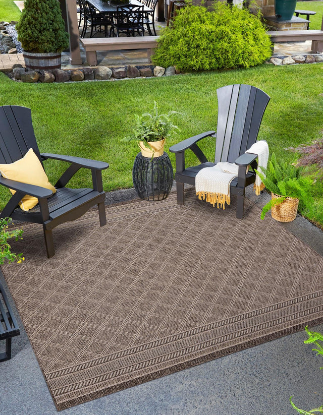 Chocolate Brown 10' x 10' Outdoor Trellis Square Area Rug Weather Resistant for Patio, Deck, Terrace, Balcony, Porch Geometric Design Water Safe Outside Carpet for Sale at Rug Engine