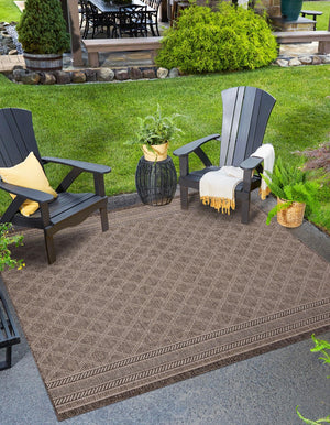 Chocolate Brown 5' 1 x 5' 1 Outdoor Trellis Square Area Rug Weather Resistant for Patio, Deck, Terrace, Balcony, Porch Geometric Design Water Safe Outside Carpet for Sale at Rug Engine