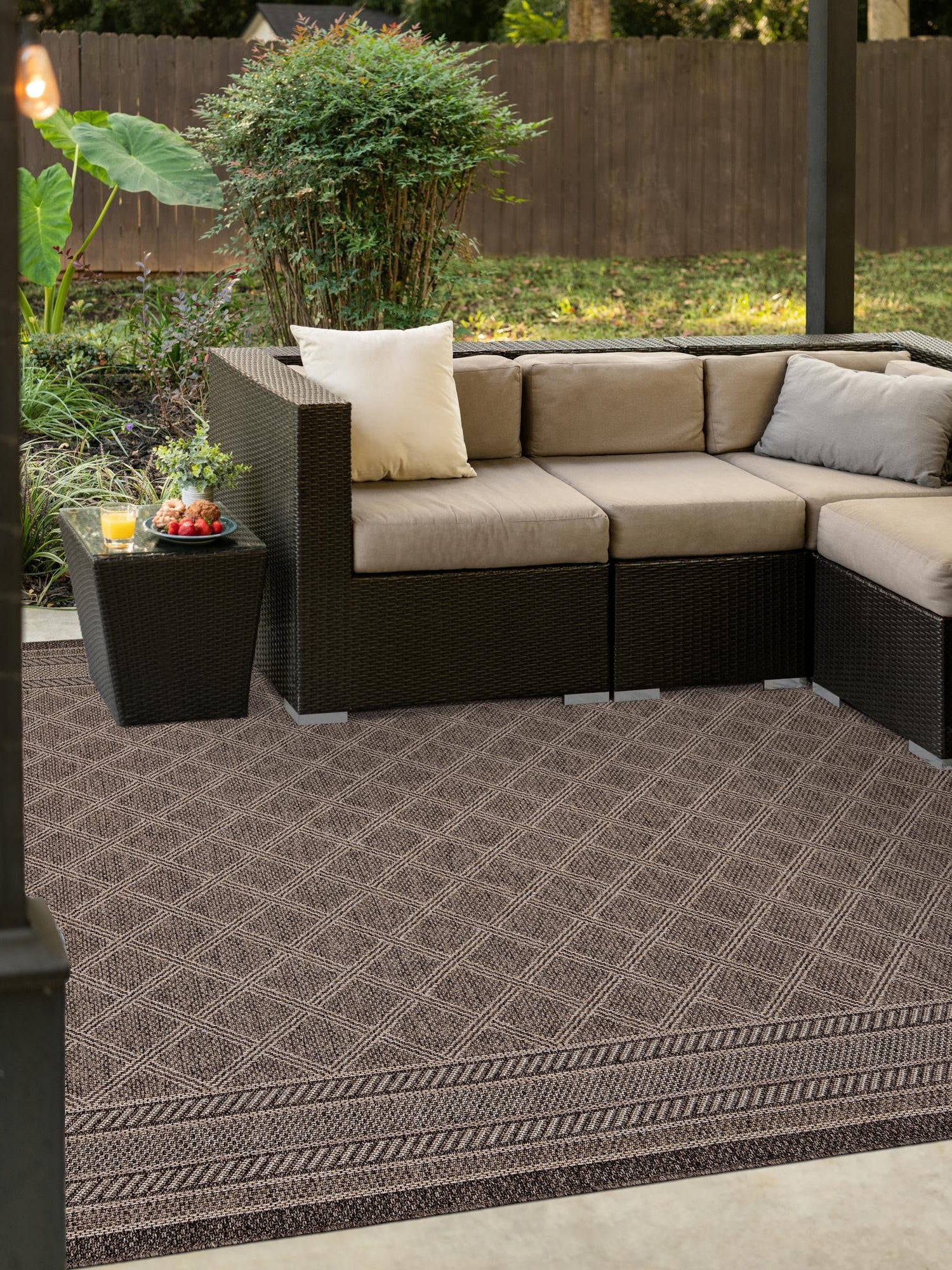 Chocolate Brown 5' 1 x 5' 1 Outdoor Trellis Square Area Rug Weather Resistant for Patio, Deck, Terrace, Balcony, Porch Geometric Design Water Safe Outside Carpet for Sale at Rug Engine