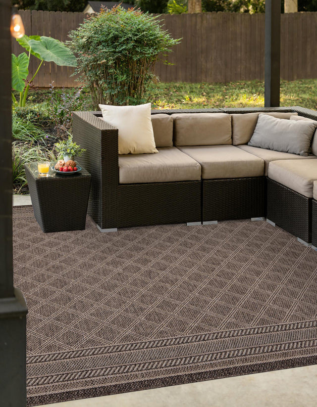 Chocolate Brown 5' 1 x 5' 1 Outdoor Trellis Square Area Rug Weather Resistant for Patio, Deck, Terrace, Balcony, Porch Geometric Design Water Safe Outside Carpet for Sale at Rug Engine