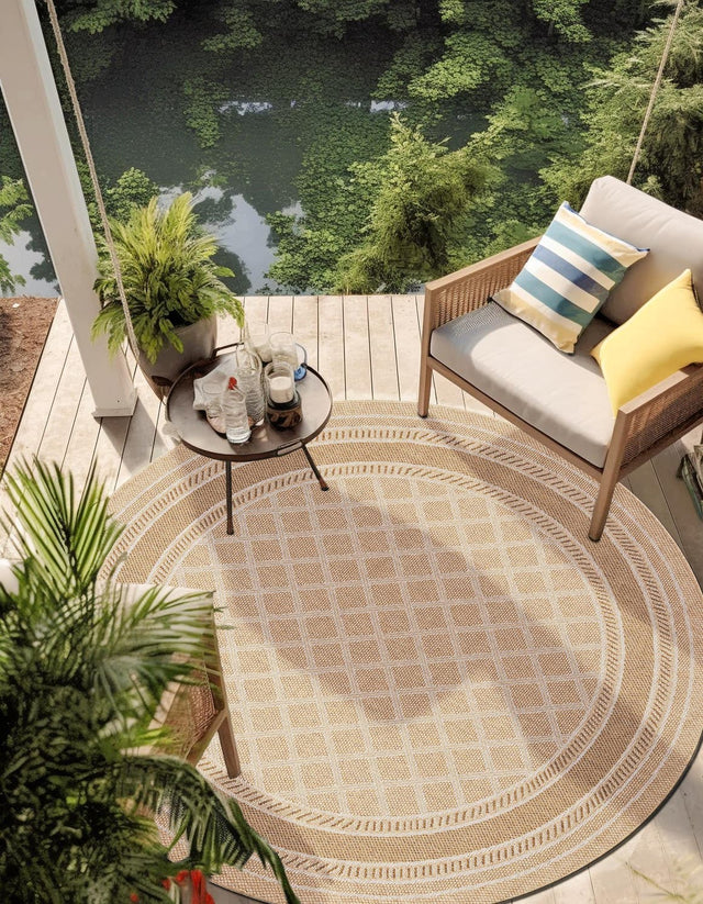 Natural 3' 3 x 3' 3 Outdoor Trellis Round Area Rug Weather Resistant for Patio, Deck, Terrace, Balcony, Porch Geometric Design Water Safe Outside Carpet for Sale at Rug Engine