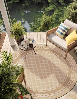 Natural 7' 10 x 7' 10 Outdoor Trellis Round Area Rug Weather Resistant for Patio, Deck, Terrace, Balcony, Porch Geometric Design Water Safe Outside Carpet for Sale at Rug Engine