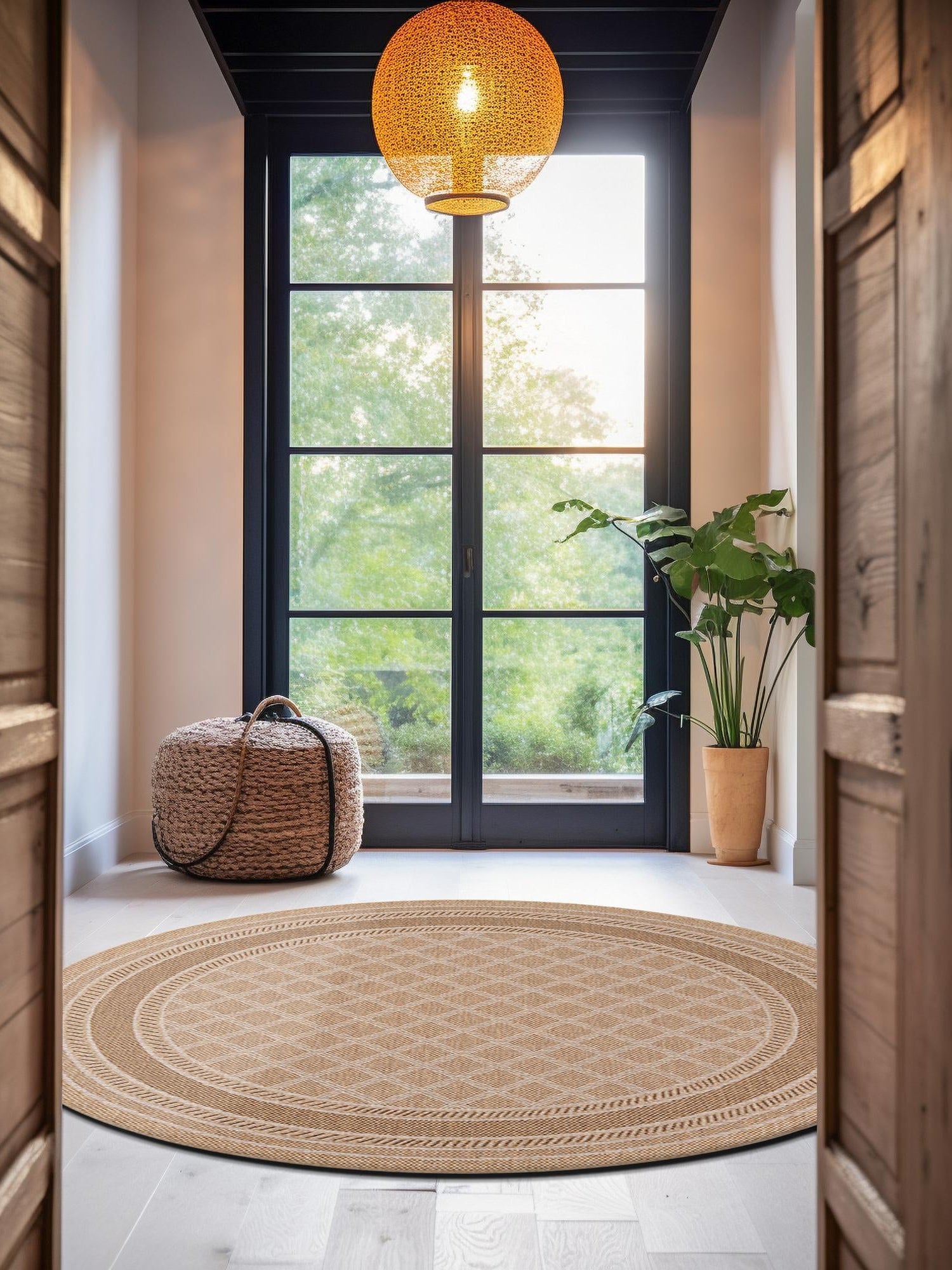 Natural 10' x 10' Outdoor Trellis Round Area Rug Weather Resistant for Patio, Deck, Terrace, Balcony, Porch Geometric Design Water Safe Outside Carpet for Sale at Rug Engine