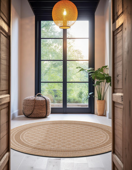 Natural 7' 10 x 7' 10 Outdoor Trellis Round Area Rug Weather Resistant for Patio, Deck, Terrace, Balcony, Porch Geometric Design Water Safe Outside Carpet for Sale at Rug Engine