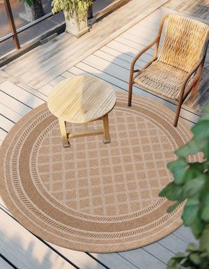 Natural 5' 1 x 5' 1 Outdoor Trellis Round Area Rug Weather Resistant for Patio, Deck, Terrace, Balcony, Porch Geometric Design Water Safe Outside Carpet for Sale at Rug Engine