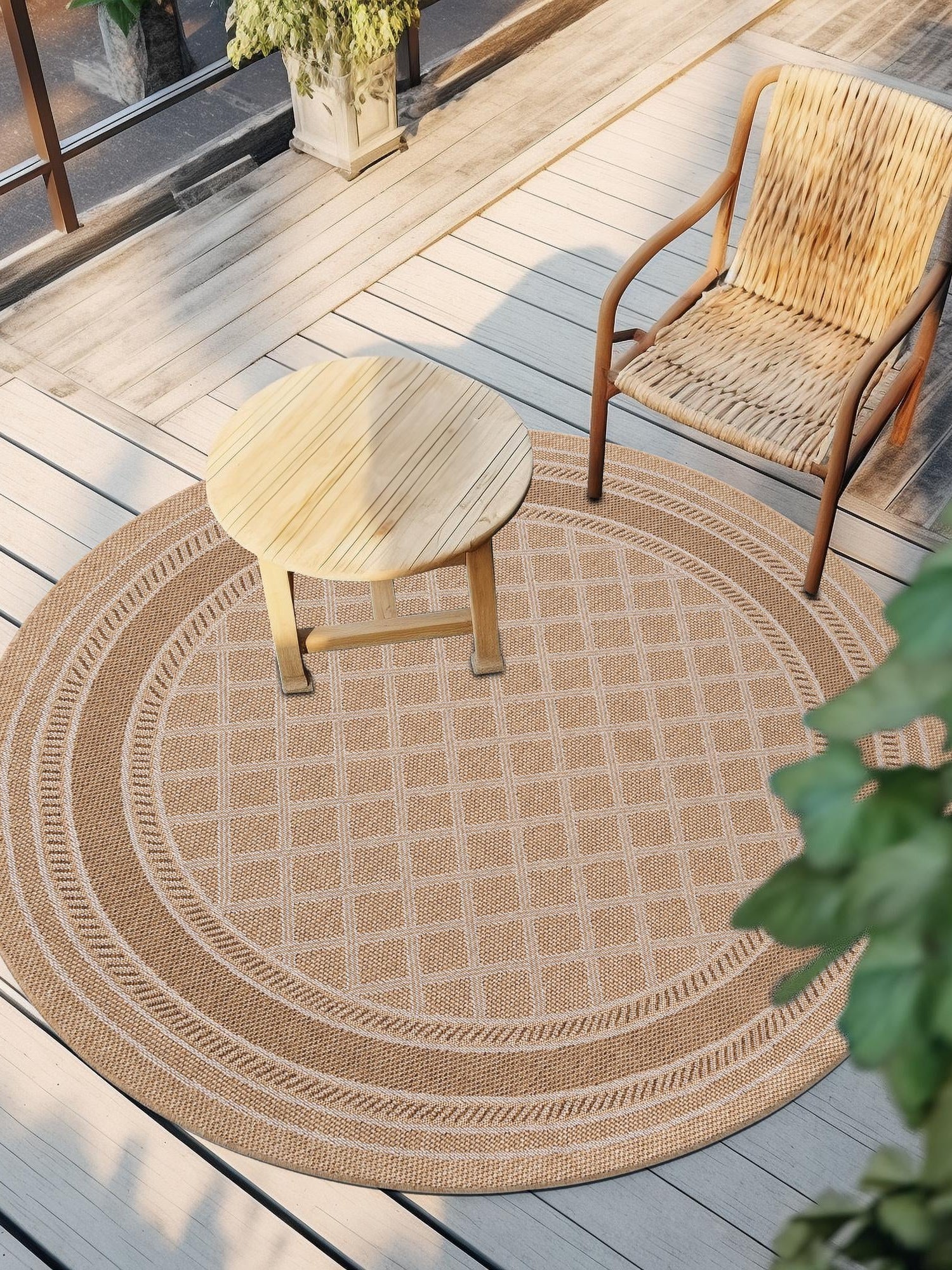 Natural 10' x 10' Outdoor Trellis Round Area Rug Weather Resistant for Patio, Deck, Terrace, Balcony, Porch Geometric Design Water Safe Outside Carpet for Sale at Rug Engine