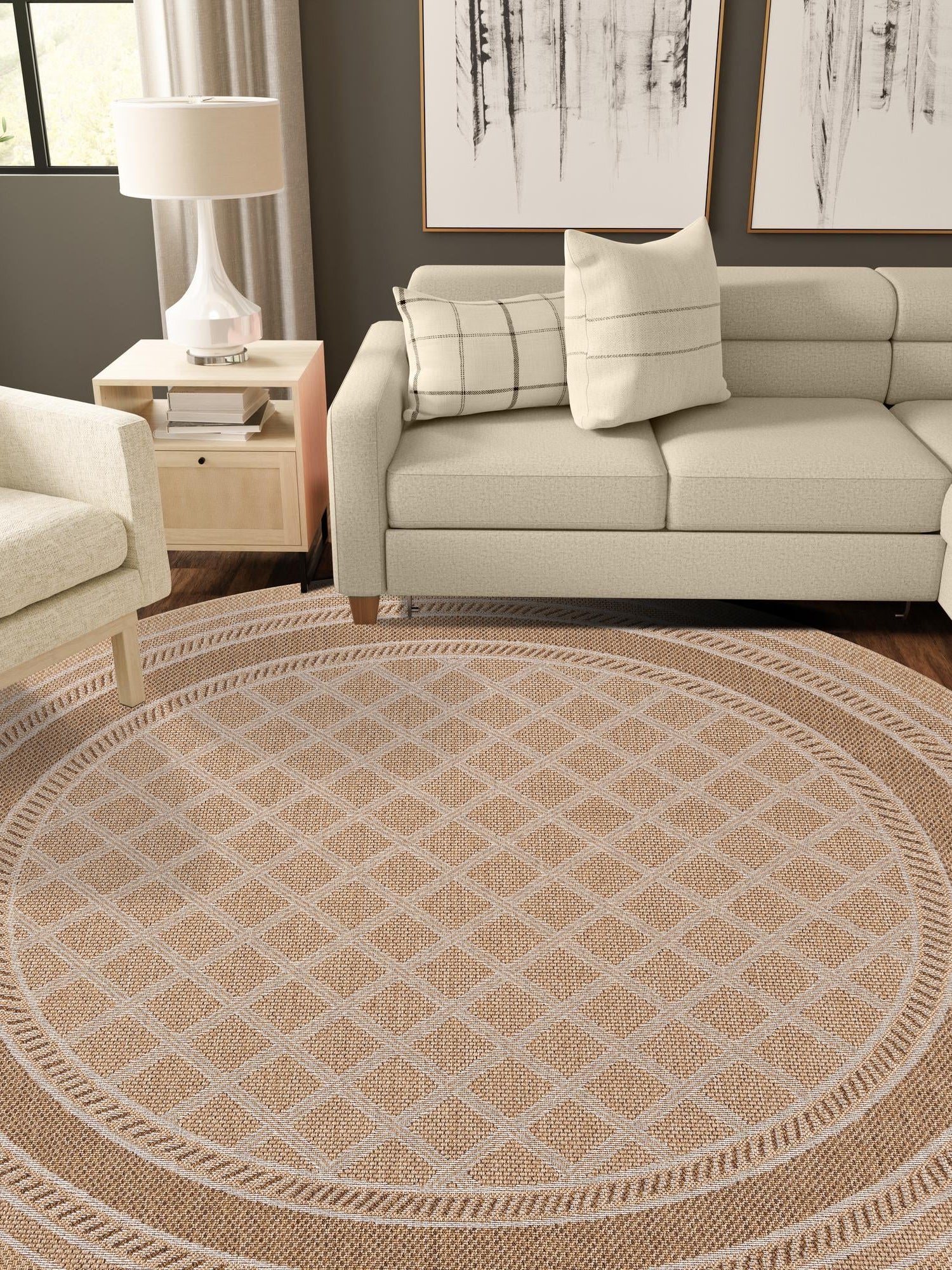 Natural 10' x 10' Outdoor Trellis Round Area Rug Weather Resistant for Patio, Deck, Terrace, Balcony, Porch Geometric Design Water Safe Outside Carpet for Sale at Rug Engine