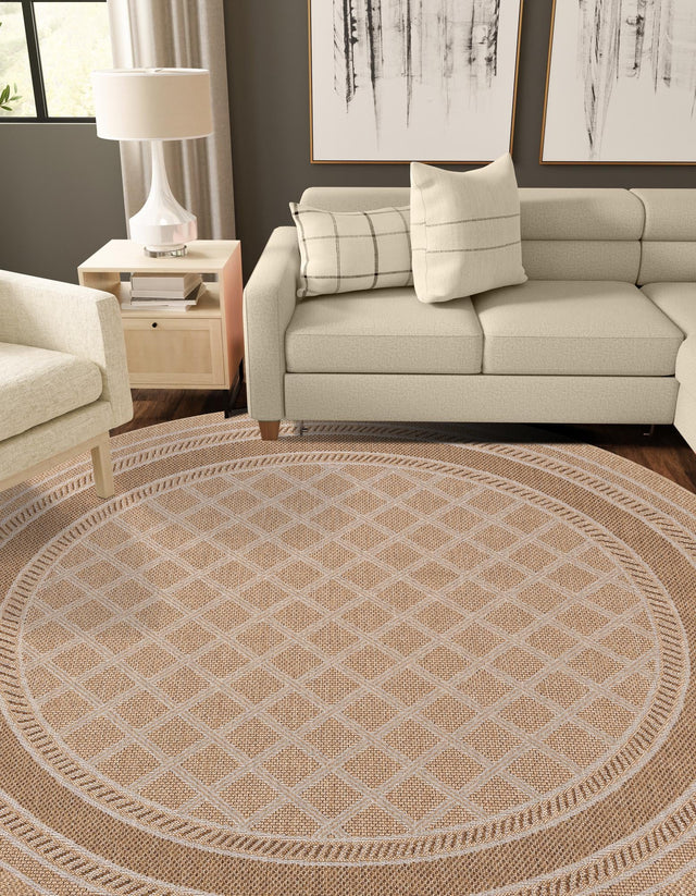 Natural 3' 3 x 3' 3 Outdoor Trellis Round Area Rug Weather Resistant for Patio, Deck, Terrace, Balcony, Porch Geometric Design Water Safe Outside Carpet for Sale at Rug Engine